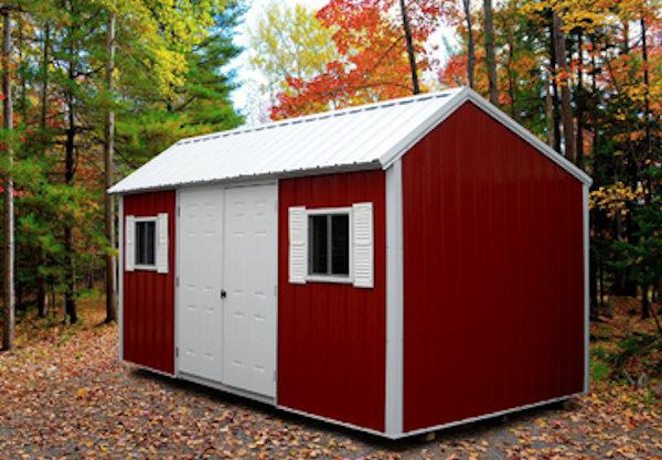 Metal Garden Shed with red siding, white trim, white shutters, and white roofing.