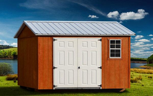 Urethane wood finish on a garden shed with white double doors and gray metal roofing.